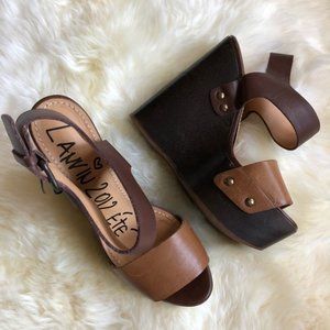 Lanvin strappy leather two-tone minimalist chunky wooden wedge sandal été 2012